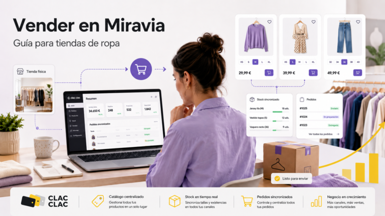 Persona gestionando desde un portátil la venta en Miravia de una tienda de ropa con productos, stock y pedidos sincronizados
