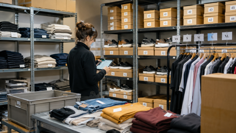 Trabajadora revisando el inventario en la trastienda de una tienda de ropa y calzado, con prendas dobladas, cajas de zapatos por talla y ropa clasificada en perchero.