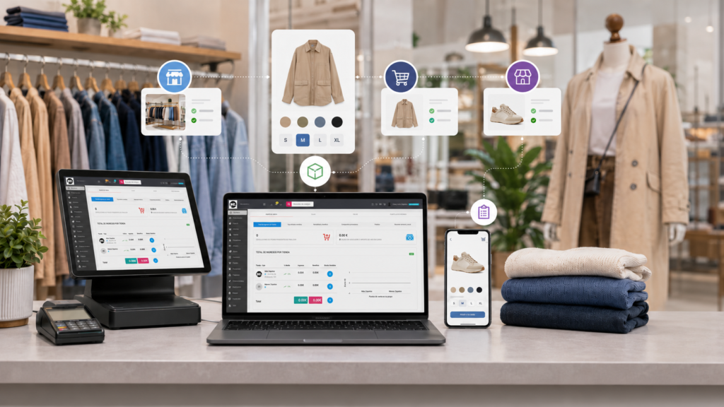Tienda de ropa y calzado con TPV, panel de gestión y venta online conectados para controlar stock, pedidos y canales digitales.