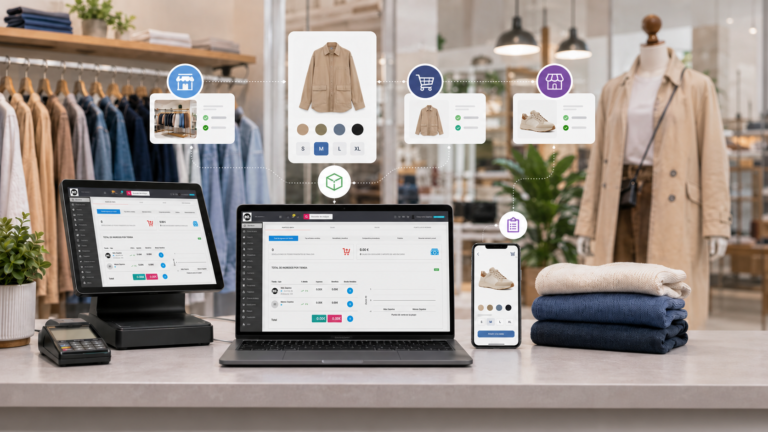 Tienda de ropa y calzado con TPV, panel de gestión y venta online conectados para controlar stock, pedidos y canales digitales.