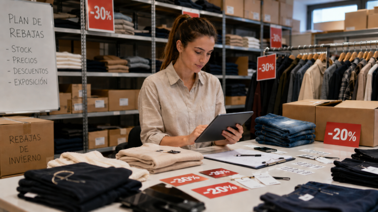 Trabajadora preparando una campaña de rebajas en una tienda de ropa, con prendas, etiquetas de descuento, cajas y tablet para revisar stock y precios.