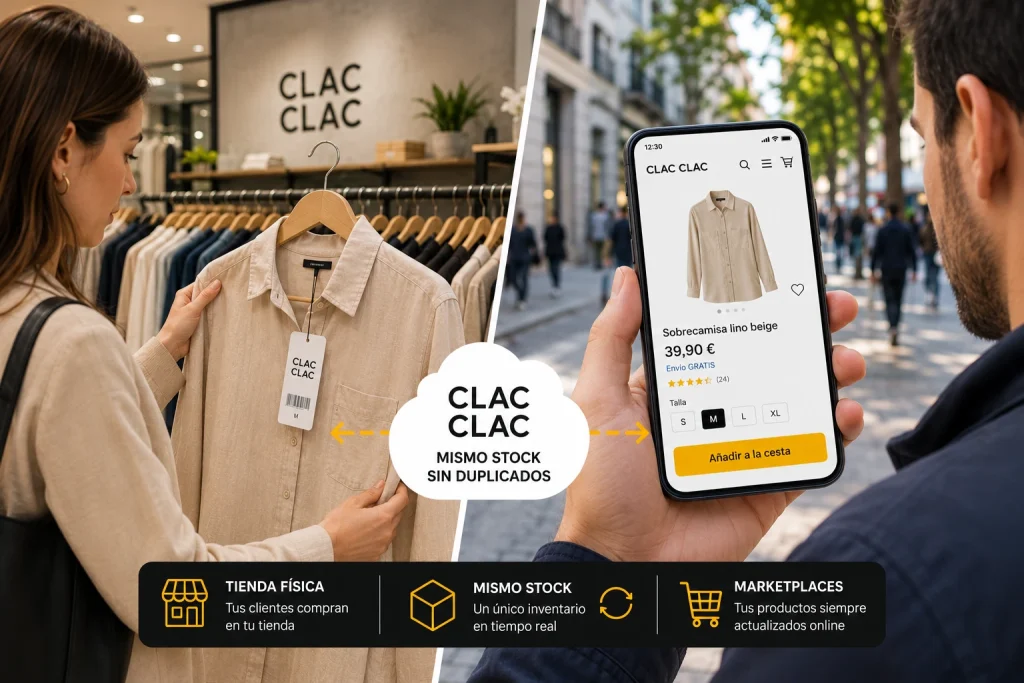 Vende en tienda, ecommerce y marketplaces con el mismo stock​.